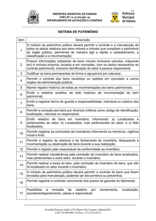 53
                        PREFEITURA MUNICIPAL DE ITABUNA
                             CNPJ Nº 14.147.490/0001-68
                     DEPARTAMENTO DE LICITAÇÕES E COMPRAS



                               SISTEMA DE PATRIMÔNIO

Item                                           Descrição
       O módulo de patrimônio público deverá permitir o controle e a manutenção de
       todos os dados relativos aos bens móveis e imóveis que compõem o patrimônio
 1
       do órgão público, permitindo de maneira ágil e rápida o cadastramento, a
       classificação e a movimentação;
       Possuir informações cadastrais de bens móveis (inclusive veículos, máquinas
 2     etc) e imóveis próprios, locados e em comodato, com os dados necessários ao
       controle patrimonial, inclusive identificação do setor e pessoa responsável;
 3     Codificar os bens permanentes de forma a agrupá-los por natureza;
       Permitir o controle dos bens recebidos ou cedidos em comodato a outros
 4
       órgãos da administração pública;
 5     Manter registro histórico de todas as movimentações dos bens patrimoniais;
       Emitir o relatório analítico de todo histórico de movimentação do bem
 6
       patrimonial;
       Emitir e registrar termo de guarda e responsabilidade, individual ou coletivo dos
 7
       bens;
       Permitir a consulta aos bens por diversos critérios como código de identificação,
 8
       localização, natureza ou responsável;
       Emitir relatório de bens em inventário, informando: a) Localizados e
 9     pertencentes ao setor; b) Localizados, mas pertencentes ao setor; e c) Não
       localizados;
       Permitir registrar as comissões de inventários informando os membros, vigência
10
       inicial e final;
       Permitir o registro da abertura e do fechamento do inventário, bloqueando a
11
       movimentação ou destinação de bens durante a sua realização;
12     Permitir o registro pelo responsável da conformidade ao inventário;
       Permitir realizar transferência pela comissão de inventário de bens localizados,
13
       mas pertencentes a outro setor, durante o inventário;
       Permitir realizar a baixa do bem, pela comissão de inventário de bens, que não
14
       foi localizado no setor durante o inventário;
       O módulo de patrimônio público deverá permitir o controle de bens que foram
15
       enviados para manutenção, podendo ser ela corretiva ou preventiva;
       Permitir registrar e controlar vencimento dos prazos de garantia do fabricante;
16

       Possibilitar a emissão de relatório por                       tombamento,   localização,
17     secretaria/departamento, classe e responsável;




                   Avenida Princesa Isabel, 678, Bairro São Caetano, Itabuna-BA.
                            CEP: 45.600-000. Tel/Fax.: (73) 3214-6371
 