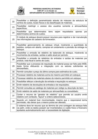 57
                      PREFEITURA MUNICIPAL DE ITABUNA
                           CNPJ Nº 14.147.490/0001-68
                   DEPARTAMENTO DE LICITAÇÕES E COMPRAS



     Possibilitar a definição parametrizada através de máscara da estrutura de
22
     centros de custos, locais físicos e da classificação de materiais;
     Possibilitar restringir o acesso dos usuários somente a almoxarifados
23
     específicos;
     Possibilitar que determinados            itens     sejam      requisitados   apenas        por
24
     determinados centros de custos;
     O módulo de estoque deverá possuir recursos para registrar e dar manutenção
25   nas informações de cadastro de fornecedor;

     Possibilitar gerenciamento do estoque virtual, mostrando a quantidade de
26   pedidos, compra em aberto, compras em andamento e previsão de entrega no
     estoque;
     Possibilitar a emissão de relatório de balancete do estoque, mostrando os
27
     movimentos de entradas, saídas e saldo atual por período;
     Possibilitar a emissão de relatórios de entradas e saídas de materiais por
28
     produto, nota fiscal e centro de custo;
     Possibilitar que o processo de requisição de material possa ser feito pela WEB,
29   desta forma efetuando a integração com os setores solicitantes ao
     almoxarifado;
30   Permitir consultar o preço da última compra para estimativa de custo;
31   Processar relatório de materiais acima do máximo permitido em estoque;
32   Processar relatório de materiais abaixo do máximo permitido em estoque;
33   Possibilitar efetuar a devolução da entrada e requisição no estoque;
34   Emitir relatório de devoluções de entradas e de requisições;
35   Permitir consultas ao catálogo de materiais por código ou descrição de item;
36   Emitir relatório de saldo de materiais por almoxarifado ou consolidado;
     Conter o recurso de “gerador de relatório” que permite ao usuário emitir
37
     relatório com conteúdo, “layout” e ordens selecionáveis;
     Quando um material tiver movimentação, mesmo que o responsável tenha
38
     permissão, não deixar que o mesmo possa ser alterado;
     O sistema deve ter recurso que ao término de uma contagem de estoque feita
39   via palm, onde os dados possam ser inventariados e o saldo físico e financeiro
     ajustados automaticamente sem a necessidade de digitação.




                 Avenida Princesa Isabel, 678, Bairro São Caetano, Itabuna-BA.
                          CEP: 45.600-000. Tel/Fax.: (73) 3214-6371
 