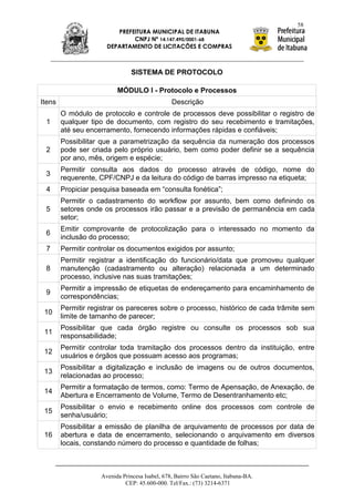 58
                         PREFEITURA MUNICIPAL DE ITABUNA
                              CNPJ Nº 14.147.490/0001-68
                      DEPARTAMENTO DE LICITAÇÕES E COMPRAS



                                SISTEMA DE PROTOCOLO

                          MÓDULO I - Protocolo e Processos
Itens                                           Descrição
        O módulo de protocolo e controle de processos deve possibilitar o registro de
 1      qualquer tipo de documento, com registro do seu recebimento e tramitações,
        até seu encerramento, fornecendo informações rápidas e confiáveis;
        Possibilitar que a parametrização da sequência da numeração dos processos
 2      pode ser criada pelo próprio usuário, bem como poder definir se a sequência
        por ano, mês, origem e espécie;
        Permitir consulta aos dados do processo através de código, nome do
 3
        requerente, CPF/CNPJ e da leitura do código de barras impresso na etiqueta;
 4      Propiciar pesquisa baseada em “consulta fonética”;
        Permitir o cadastramento do workflow por assunto, bem como definindo os
 5      setores onde os processos irão passar e a previsão de permanência em cada
        setor;
        Emitir comprovante de protocolização para o interessado no momento da
 6
        inclusão do processo;
 7      Permitir controlar os documentos exigidos por assunto;
        Permitir registrar a identificação do funcionário/data que promoveu qualquer
 8      manutenção (cadastramento ou alteração) relacionada a um determinado
        processo, inclusive nas suas tramitações;
        Permitir a impressão de etiquetas de endereçamento para encaminhamento de
 9
        correspondências;
        Permitir registrar os pareceres sobre o processo, histórico de cada trâmite sem
 10
        limite de tamanho de parecer;
        Possibilitar que cada órgão registre ou consulte os processos sob sua
 11
        responsabilidade;
        Permitir controlar toda tramitação dos processos dentro da instituição, entre
 12
        usuários e órgãos que possuam acesso aos programas;
        Possibilitar a digitalização e inclusão de imagens ou de outros documentos,
 13
        relacionadas ao processo;
        Permitir a formatação de termos, como: Termo de Apensação, de Anexação, de
 14
        Abertura e Encerramento de Volume, Termo de Desentranhamento etc;
        Possibilitar o envio e recebimento online dos processos com controle de
 15
        senha/usuário;
        Possibilitar a emissão de planilha de arquivamento de processos por data de
 16     abertura e data de encerramento, selecionando o arquivamento em diversos
        locais, constando número do processo e quantidade de folhas;



                    Avenida Princesa Isabel, 678, Bairro São Caetano, Itabuna-BA.
                             CEP: 45.600-000. Tel/Fax.: (73) 3214-6371
 