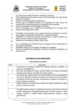 70
                     PREFEITURA MUNICIPAL DE ITABUNA
                          CNPJ Nº 14.147.490/0001-68
                  DEPARTAMENTO DE LICITAÇÕES E COMPRAS



        nas notas fiscais eletronicamente emitidas no exercício;
        Emitir relatório que demonstre o valor do ISS arrecadado nas notas fiscais
   42
        eletrônicas emitidas;
   43   Possuir a emissão de gráficos estatísticos;
        Permitir que os relatórios possam ser visualizados em tela, salvos em
   44
        formato PDF ou direcionados para um dispositivo de impressão;
   45   Emitir Livro Eletrônico de Prestação de Serviços;
        Possuir integração com o sistema de arrecadação do município para
   46   lançamento e pagamento do ISS;

        Possibilitar a comunicação com o sistema próprio do prestador do serviço
   47
        para registro de notas fiscais eletrônicas e consultas diversas;
        Possibilitar o contribuinte escrever suas dúvidas no próprio aplicativo de
   48
        NFS-e e enviá- la para o auditor responsável;
        Registrar as mensagens enviadas, data e hora;
   49
        Ter a possibilidade de identificar quais mensagens foram respondidas ou
   50
        lidas pelo auditor/fiscal;
   51   Possibilitar separar as mensagens enviadas das recebidas;
        Permitir a consulta das mensagens e mostrar o remetente, destinatário e a
   52
        data de envio;



                       SISTEMA DE ISS BANCÁRIO
                              CARACTERISTICAS GERAIS

Itens                                   Descrição
         Funcionar em servidores GNU/Linux, Windows Servers, FreeBSD, ou
    1
         seja, ser multiplataforma;
         Em telas de entrada de dados, permitir atribuir por usuário permissão
    2
         exclusiva para Gravar, Consultar e/ou Excluir dados.
         As senhas dos usuários devem ser armazenadas na forma criptografada,
         através de algoritmos próprios do sistema, de tal forma que nunca sejam
    3
         mostradas em telas de consulta, manutenção de cadastro de usuários ou
         tela de acesso ao sistema;
         Manter histórico dos acessos por usuário por função, registrando a data,
    4    hora e o nome do usuário;

         O SGBD deverá possuir os seguintes recursos: point-in-time recovery
         (PITR), tablespaces, integridade transacional, stored procedures, views
    5    triggers, suporte a modelo híbrido objeto-relacional, suporte a tipos
         geométricos;



                Avenida Princesa Isabel, 678, Bairro São Caetano, Itabuna-BA.
                         CEP: 45.600-000. Tel/Fax.: (73) 3214-6371
 