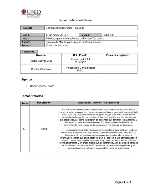 minuta ejemplo formato de minuta en word
