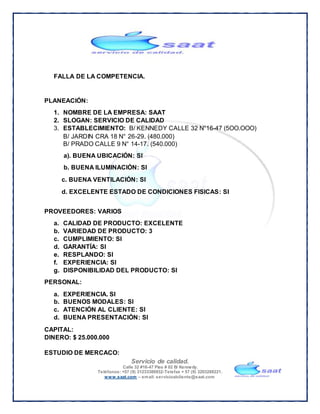 Servicio de calidad.
Calle 32 #16-47 Piso # 02 B/ Kennedy.
Teléfonos: +57 (9) 31233380932-Telefax + 57 (9) 3203288221.
www.saat.com – email: servicioalcliente@saat.com
FALLA DE LA COMPETENCIA.
PLANEACIÓN:
1. NOMBRE DE LA EMPRESA: SAAT
2. SLOGAN: SERVICIO DE CALIDAD
3. ESTABLECIMIENTO: B/ KENNEDY CALLE 32 N°16-47 (5OO.OOO)
B/ JARDIN CRA 18 N° 26-29. (480.000)
B/ PRADO CALLE 9 N° 14-17. (540.000)
a). BUENA UBICACIÓN: SI
b. BUENA ILUMINACIÓN: SI
c. BUENA VENTILACIÓN: SI
d. EXCELENTE ESTADO DE CONDICIONES FISICAS: SI
PROVEEDORES: VARIOS
a. CALIDAD DE PRODUCTO: EXCELENTE
b. VARIEDAD DE PRODUCTO: 3
c. CUMPLIMIENTO: SI
d. GARANTÍA: SI
e. RESPLANDO: SI
f. EXPERIENCIA: SI
g. DISPONIBILIDAD DEL PRODUCTO: SI
PERSONAL:
a. EXPERIENCIA. SI
b. BUENOS MODALES: SI
c. ATENCIÓN AL CLIENTE: SI
d. BUENA PRESENTACIÓN: SI
CAPITAL:
DINERO: $ 25.000.000
ESTUDIO DE MERCACO:
 