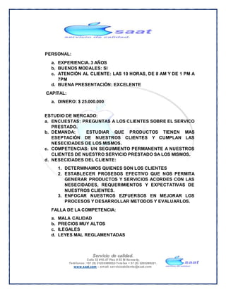 Servicio de calidad.
Calle 32 #16-47 Piso # 02 B/ Kennedy.
Teléfonos: +57 (9) 31233380932-Telefax + 57 (9) 3203288221.
www.saat.com – email: servicioalcliente@saat.com
PERSONAL:
a. EXPERIENCIA. 3 AÑOS
b. BUENOS MODALES: SI
c. ATENCIÓN AL CLIENTE: LAS 10 HORAS, DE 8 AM Y DE 1 PM A
7PM
d. BUENA PRESENTACIÓN: EXCELENTE
CAPITAL:
a. DINERO: $ 25.000.000
ESTUDIO DE MERCADO:
a. ENCUESTAS: PREGUNTAS A LOS CLIENTES SOBRE EL SERVICO
PRESTADO.
b. DEMANDA: ESTUDIAR QUE PRODUCTOS TIENEN MAS
ESEPTACIÓN DE NUESTROS CLIENTES Y CUMPLAN LAS
NESECIDADES DE LOS MISMOS.
c. COMPETENCIAS: UN SEGUIMIENTO PERMANENTE A NUESTROS
CLIENTES DE NUESTRO SERVICIO PRESTADO SA LOS MISMOS.
d. NESECIDADES DEL CLIENTE:
1. DETERMINAMOS QUIENES SON LOS CLIENTES
2. ESTABLECER PROSESOS EFECTIVO QUE NOS PERMITA
GENERAR PRODUCTOS Y SERVICIOS ACORDES CON LAS
NESECIDADES, REQUERIMIENTOS Y EXPECTATIVAS DE
NUESTROS CLIENTES.
3. ENFOCAR NUESTROS EZFUERSOS EN MEJORAR LOS
PROCESOS Y DESARROLLAR METODOS Y EVALUARLOS.
FALLA DE LA COMPETENCIA:
a. MALA CALIDAD
b. PRECIOS MUY ALTOS
c. ILEGALES
d. LEYES MAL REGLAMENTADAS
 