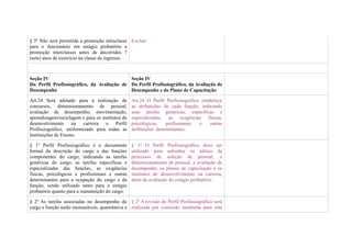 § 5º Não será permitida a promoção intraclasse Excluir
para o funcionário em estágio probatório e
promoção interclasses antes de decorridos 7
(sete) anos de exercício na classe de ingresso.



Seção IV                                    Seção IV
Do Perfil Profissiográfico, da Avaliação de Do Perfil Profissiográfico, da Avaliação de
Desempenho                                  Desempenho e do Plano de Capacitação

Art.24 Será adotado para a realização de          Art.24 O Perfil Profissiográfico estabelece
concursos, dimensionamento de pessoal,            as atribuições de cada função, indicando
avaliação de desempenho, movimentação,            suas tarefas genéricas, específicas e
aprendizagem/reciclagem e para os institutos de   especializadas, as exigências físicas,
desenvolvimento na carreira o Perfil              psicológicas,    profissionais  e    outras
Profissiográfico, uniformizado para todas as      atribuições determinantes.
Instituições de Ensino.

§ 1º Perfil Profissiográfico é o documento        § 1º O Perfil Profissiográfico deve ser
formal da descrição do cargo e das funções        utilizado para subsidiar os editais de
componentes do cargo, indicando as tarefas        processos de seleção de pessoal, o
genéricas do cargo, as tarefas específicas e      dimensionamento de pessoal, a avaliação de
especializadas das funções, as exigências         desempenho, os planos de capacitação e os
físicas, psicológicas e profissionais e outras    institutos de desenvolvimento na carreira,
determinantes para a ocupação do cargo e da       alem da avaliação do estágio probatório.
função, sendo utilizado tanto para o estágio
probatório quanto para a manutenção do cargo.

§ 2º As tarefas associadas no desempenho do § 2º A revisão do Perfil Profissiográfico será
cargo e função serão mensuráveis, quantitativa e realizada por comissão instituída para este
 