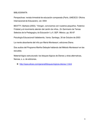 9
BIBLIOGRAFÍA
Perspectivas: revista trimestral de educación comparada (París, UNESCO: Oficina
Internacional de Educación), vol. XXIII
BEATTY, Barbara (2002). “Vengan, convivamos con nuestros pequeños. Federico
Fröebel y el movimiento alemán del Jardín de niños., En Seminario de Temas
Selectos de la Pedagogía y la Educación I y II. SEP. México. pp. 85-97
Psicología Educacional Valdebenito, Vania. Santiago, 30 de Octubre de 2003
La mente absorbente del niño por María Montessori, ediciones Diana.
Dos audios del Programa Martha Debayle hablando del Método Montessori en las
escuelas.
Material lógico estructurado: los bloques lógicos de Dienes y otras alternativas,
Narcea, s. a. de ediciones.
 http://www.eliceo.com/general/bloques-logicos-dienes-1.html
 