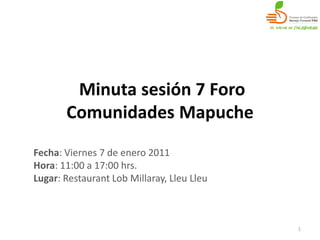 Minuta sesión 7 Foro
       Comunidades Mapuche
Fecha: Viernes 7 de enero 2011
Hora: 11:00 a 17:00 hrs.
Lugar: Restaurant Lob Millaray, Lleu Lleu



                                            1
 