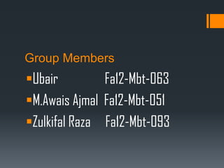 Group Members
Ubair Fa12-Mbt-063
M.Awais Ajmal Fa12-Mbt-051
Zulkifal Raza Fa12-Mbt-093
 