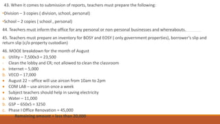 43. When it comes to submission of reports, teachers must prepare the following:
•Division – 3 copies ( division, school, personal)
•School – 2 copies ( school , personal)
44. Teachers must inform the office for any personal or non-personal businesses and whereabouts.
45. Teachers must prepare an inventory for BOSY and EOSY ( only government properties), borrower’s slip and
return slip (c/o property custodian)
46. MOOE breakdown for the month of August
a. Utility – 7,500x3 = 23,500
- Clean the lobby and CR; not allowed to clean the classroom
a. Internet – 5,000
b. VECO – 17,000
 August 22 – office will use aircon from 10am to 2pm
 COM LAB – use aircon once a week
 Subject teachers should help in saving electricity
a. Water – 11,000
b. GSP – 650x5 = 3250
c. Phase I Office Renovation = 45,000
Remaining amount = less than 20,000
 