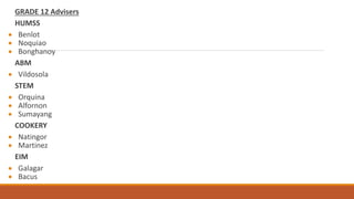 GRADE 12 Advisers
HUMSS
 Benlot
 Noquiao
 Bonghanoy
ABM
 Vildosola
STEM
 Orquina
 Alfornon
 Sumayang
COOKERY
 Natingor
 Martinez
EIM
 Galagar
 Bacus
 