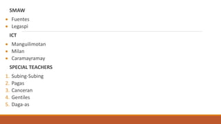 SMAW
 Fuentes
 Legaspi
ICT
 Manguilimotan
 Milan
 Caramayramay
SPECIAL TEACHERS
1. Subing-Subing
2. Pagas
3. Canceran
4. Gentiles
5. Daga-as
 