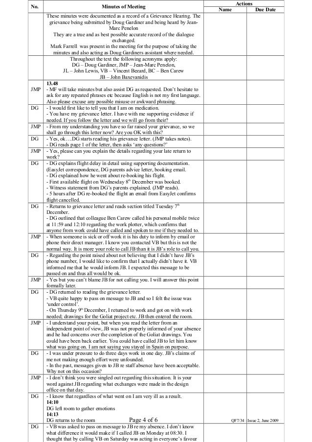 minutes of internal grievance meeting