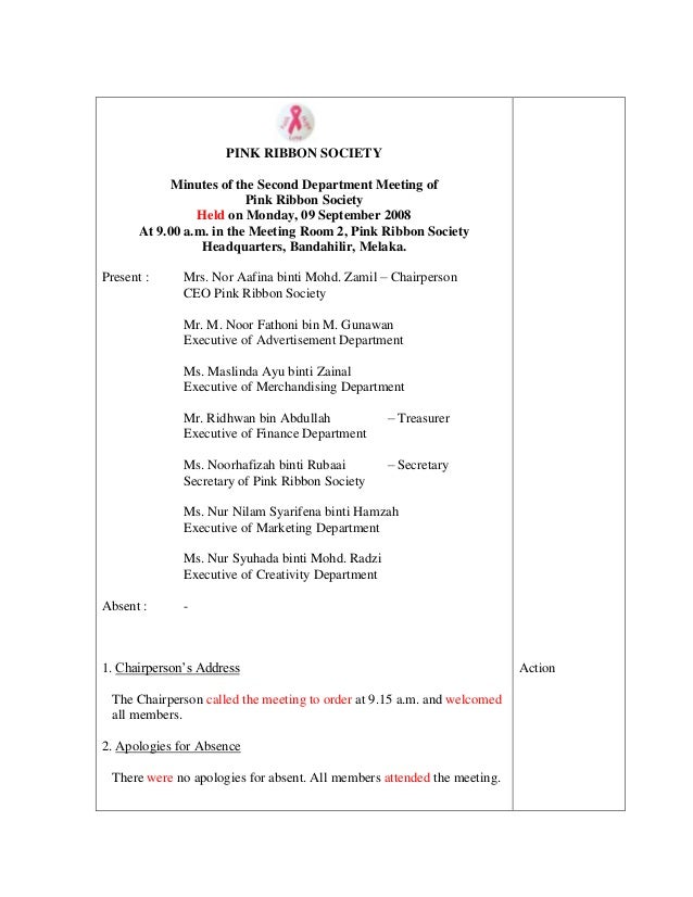 pink ribbon society minutes of the second department meeting of