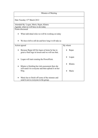 Minutes of Meeting


Date Tuesday 13th March 2012

Attended By: Logan, Marie, Rajan, Khatra
Agenda: what we will have to do today
Points discussed

   •   What individual roles we will be working on today


   •   We have left to still do and how long it will take us

Action agreed                                                  By whom

   •   Because Rajan left his logos at home he has to            •   Rajan
       great a final logo in lesson and we will use that.

                                                                 •   Logan
   •   Logan will start creating the PowerPoint.

                                                                 •   Khatra
   •   Khatra is finishing her risk assessment then she
       will send it to everyone and then upload it on her
       blog.                                                     •   Marie


   •   Marie has to finish off some of the minutes and
       send it out to everyone in the group.
 