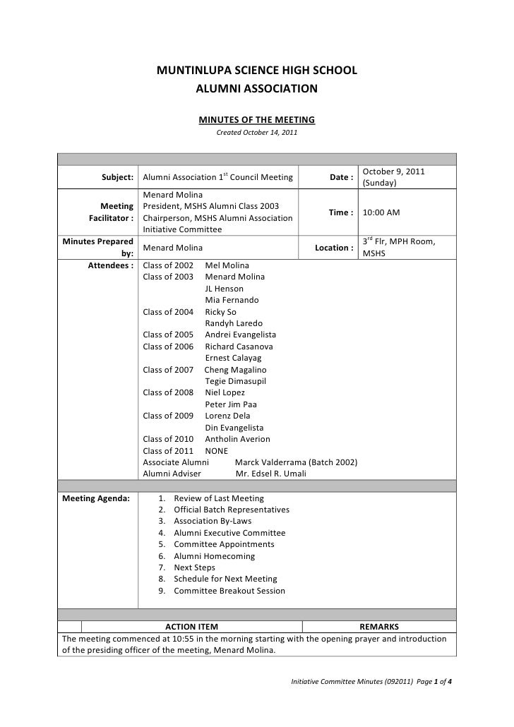 minutes of the meeting 100911 outline for minutes of a meeting