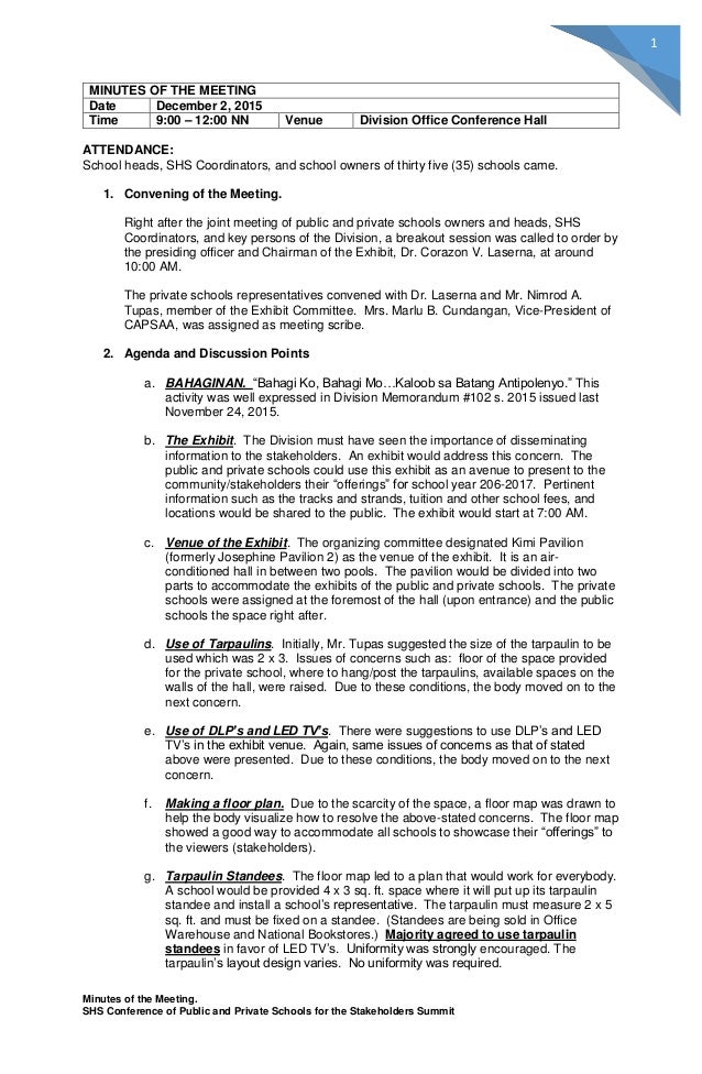 minutes of the meeting for the exhibit of shs sample minutes of the meeting in school