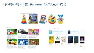 다른 개인화 추천 시스템들 (Amazon, YouTube, 리디북스)
 