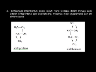 b. Sikloalkana (membentuk cincin, jenuh) yang terdapat dalam minyak bumi
   adalah siklopentana dan sikloheksana, misalnya metil siklopentana dan etil
   sikloheksana
 