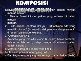 KOMPOSISI
MINYAK BUMI
minyak bumiHal.: 5
Senyawa hidrokarbon yang ditemukan dalam minyak
mentah adalah:
1. Alkana. Fraksi ini merupakan yang terbesar di dalam
minyak
mentah.
2. Siklo alkana (napten) CnH2n . Sikloalkana ada yang
memiliki cincin 5 (lima) yaitu siklopentana ataupun cincin
6 (enam) yaitu sikloheksana.
3. Aromatik CnH2n-6
Aromatik yang memiliki cincin 6 (enam) hanya terdapat
dalam jumlah kecil, tetapi sangat diperlukan dalam
bensin karena :
a.Memiliki harga anti knock yang tinggi
b.Stabilitas penyimpanan yang baik
c.Dan kegunaannya yang lain sebagai bahan bakar (fuels)
 