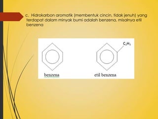 c. Hidrokarbon aromatik (membentuk cincin, tidak jenuh) yang
terdapat dalam minyak bumi adalah benzena, misalnya etil
benzena

 