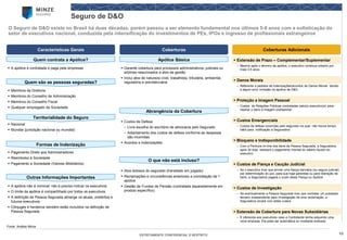 13 
ESTRITAMENTE CONFIDENCIAL E RESTRITO 
Seguro de D&O 
O Seguro de D&O existe no Brasil há duas décadas, porém passou a ser elemento fundamental nos últimos 5-8 anos com a sofisticação do setor de executivos nacional, conduzida pela intensificação do investimentos de PEs, IPOse ingresso de profissionais estrangeiros 
Extensão de Prazo –Complementar/Suplementar 
–Mesmo após o término da apólice, o executivo continua coberto por mais 3-5 anos 
Danos Morais 
–Referente a pedidos de indenizações/acordos de Danos Morais devido a algum erro/ omissão na apólice de D&O 
Proteção a Imagem Pessoal 
–Custos de Relações Públicas contratadas pelo(s) executivo(s) para reparar o dano à imagem profissional 
Custos Emergenciais 
–Custos de defesa incorridas pelo segurado na qual não houve tempo hábil para notificação à Seguradora 
Bloqueio e Indisponibilidade 
–Com a Penhora on-line dos bens da Pessoa Segurada, a Seguradora, após 30 dias, realizará o pagamento mensal do salário líquido do executivo 
Custos de Fiança e Caução Judicial 
–Se o executivo tiver que prover uma fiança bancária (ou seguro judicial) por determinação do juiz, para que haja garantias ou para liberação de bens, a Seguradora pagará o custo desta Fiança ou Apólice 
Custos de Investigação 
–Se eventualmente a Pessoa Segurada tiver que contratar um prestador terceiro independente para investigação de uma reclamação, a Seguradora arcará com estes custos 
Extensão de Cobertura para Novas Subsidiárias 
–É oferecida aos executivos caso a Contratante tenha adquirido uma nova empresa. Ela pode ser automática ou mediante endosso 
Garante cobertura para processos administrativos, judiciais ou arbitrais relacionados a atos de gestão 
Inclui atos de natureza cível, trabalhista, tributária, ambiental, regulatória e previdenciária 
Custos de Defesa 
–Livre escolha do escritório de advocacia pelo Segurado 
–Adiantamento dos custos de defesa conforme as despesas são incorridas 
Acordos e Indenizações 
Atos dolosos do segurado (transitado em julgado) 
Reclamações e circunstâncias anteriores a contratação da 1 apólice 
Gestão de Fundos de Pensão (contratada separadamente em produto específico) 
A apólice é contratada e paga pela empresas 
Membros da Diretoria 
Membros do Conselho de Administração 
Membros do Conselho Fiscal 
Qualquer empregado da Sociedade 
Nacional 
Mundial (jurisdição nacional ou mundial) 
Pagamento Direto aos Administradores 
Reembolso à Sociedade 
Pagamento a Sociedade (Valores Mobiliários) 
A apólice não é nominal: não é preciso indicar os executivos 
O limite da apólice é compartilhado por todos os executivos 
A definição de Pessoa Segurada abrange os atuais, pretéritos e futuros executivos 
Cônjuges e herdeiros também estão incluídos na definição de Pessoa Segurada 
Fonte: Análise Minze 
Características Gerais 
Quem contrata a Apólice? 
Quem são as pessoas seguradas? 
Territorialidade do Seguro 
Coberturas 
Apólice Básica 
Abrangência da Cobertura 
Formas de Indenização 
O que não está incluso? 
Coberturas Adicionais 
Outras Informações Importantes  