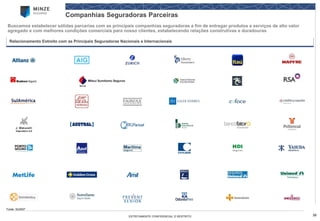20 
ESTRITAMENTE CONFIDENCIAL E RESTRITO 
Companhias Seguradoras Parceiras 
Buscamos estabelecer sólidas parcerias com as principais companhias seguradoras a fim de entregar produtos e serviços de altovalor agregado e com melhores condições comerciais para nosso clientes, estabelecendo relações construtivas e duradouras 
Fonte: SUSEP 
Relacionamento Estreito com as Principais Seguradoras Nacionais e Internacionais  