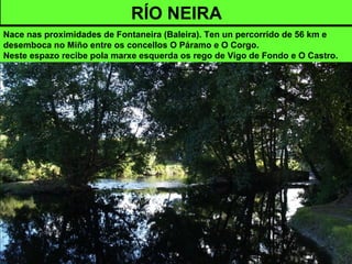 Nace nas proximidades de Fontaneira (Baleira). Ten un percorrido de 56 km e
desemboca no Miño entre os concellos O Páramo e O Corgo.
Neste espazo recibe pola marxe esquerda os rego de Vigo de Fondo e O Castro.
RÍO NEIRA
 