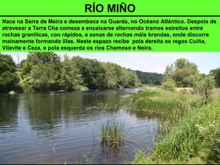 Nace na Serra de Meira e desemboca na Guarda, no Océano Atlántico. Despois de
atravesar a Terra Cha comeza a encaixarse alternando tramos estreitos entre
rochas graníticas, con rápidos, e zonas de rochas máis brandas, onde discorre
mainamente formando illas. Neste espazo recibe pola dereita os regos Cuíña,
Vilavite e Ceza, e pola esquerda os ríos Chamoso e Neira.
RÍO MIÑO
 