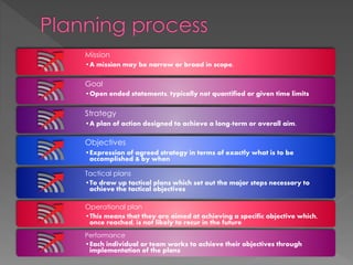 Mission
•A mission may be narrow or broad in scope.
Goal
•Open ended statements, typically not quantified or given time limits
Strategy
•A plan of action designed to achieve a long-term or overall aim.
Objectives
•Expression of agreed strategy in terms of exactly what is to be
accomplished & by when
Tactical plans
•To draw up tactical plans which set out the major steps necessary to
achieve the tactical objectives
Operational plan
•This means that they are aimed at achieving a specific objective which,
once reached, is not likely to recur in the future
Performance
•Each individual or team works to achieve their objectives through
implementation of the plans
 