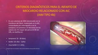 CRITERIOS DIAGNÓSTICOS PARA EL INFARTO DE 
MIOCARDIO RELACIONADO CON AIC 
(IAM TIPO 4b) 
• Es una subclase de IAM relacionada con la 
trombosis del Stent, implantado en la AIC, 
comprobada por arteriografía o en la 
autopsia y el aumento o el descenso de los 
valores de cTn mayor del percentil 99 del 
URL, se clasifica en: 
• temprana’ (0 - 30 días); 
• tardía’ (31 días - 1año) 
• muy tardía’ (> 1 año). 
European Heart Journal (2012), Third universal definition ofmyocardial infarction 
 