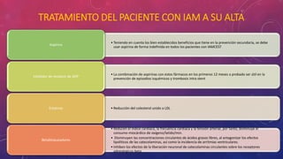 TRATAMIENTO DEL PACIENTE CON IAM A SU ALTA 
• Teniendo en cuenta los bien establecidos beneficios que tiene en la prevención secundaria, se debe 
usar aspirina de forma indefinida en todos los pacientes con IAMCEST 
Aspirina 
• La combinación de aspirinas con estos fármacos en los primeros 12 meses a probado ser útil en la 
prevención de episodios isquémicos y trombosis intra stent 
Inhibidor de receptor de ADP 
Estatinas • Reducción del colesterol unido a LDL 
• Reducen el índice cardíaco, la frecuencia cardíaca y la tensión arterial, por tanto, disminuye el 
consumo miocárdico de oxígeno/latido/min. 
• Disminuyen las concentraciones circulantes de ácidos grasos libres, al antagonizar los efectos 
lipolíticos de las catecolaminas, así como la incidencia de arritmias ventriculares. 
• Inhiben los efectos de la liberación neuronal de catecolaminas circulantes sobre los receptores 
adrenérgicos beta 
Betabloqueadores 
 