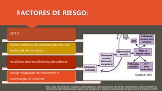 EDAD
Daños crónicos del sistema vascular con
esclerosis de los vasos.
establece una insuficiencia circulatoria.
causar dilatación del miocardio o
sobrecarga de volumen
Blanca Estela Herrera-Morales, Peripartum cardiomyopathy: An undervalued disease, Med Int Méx. 2019 septiembre-octubre;35(5):819-826.
Johann Bauersachs1, Pathophysiology, diagnosis and management of peripartum cardiomyopathy, European Journal of Heart Failure (2019)
FACTORES DE RIESGO:
 