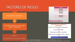 Nidia A. Arévaloa, Cardiomiopatía periparto, Rev Colomb Cardiol. 2017;24(3):299.e1---299.e8
Erika J. Douglass, Peripartum Cardiomyopathy, Department of Cardiovascular Medicine, Mayo Clinic, enero 08, 2021
FACTORES DE RIESGO:
favorece
la progresión de la insuficiencia cardiaca
Tratamiento tocolítico vía oral a largo
plazo (> 4 semanas)
Beta-agonistas adrenérgicos
 