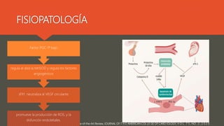 FISIOPATOLOGÍA
Melinda B. Davis, Peripartum Cardiomyopathy JACC State-of-the-Art Review, JOURNAL OF T H E AMERICAN COL LE GE OF CARD IOLOGY, V O L . 7 5 , NO . 2 , 2 0 2 0
promueve la producción de ROS, y la
disfunción endoteliales.
sFlt1 neutraliza al VEGF circulante
regula al alza la MnSOD y regula los factores
angiogénicos
Factor PGC-1ª bajo
 