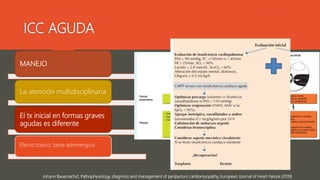 ICC AGUDA
Johann Bauersachs1, Pathophysiology, diagnosis and management of peripartum cardiomyopathy, European Journal of Heart Failure (2019)
MANEJO
La atención multidisciplinaria
El tx inicial en formas graves
agudas es diferente
Efecto toxico: beta-adrenergico
 