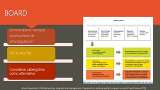 BOARD
Johann Bauersachs1, Pathophysiology, diagnosis and management of peripartum cardiomyopathy, European Journal of Heart Failure (2019)
bromocriptina siempre
acompañado de
anticoagulación
PPCM AGUDA
Considerar cabergolina
como alternativa
 