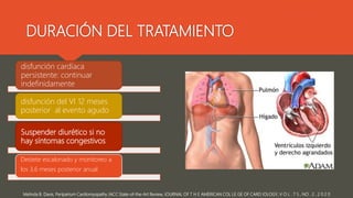 DURACIÓN DEL TRATAMIENTO
Melinda B. Davis, Peripartum Cardiomyopathy JACC State-of-the-Art Review, JOURNAL OF T H E AMERICAN COL LE GE OF CARD IOLOGY, V O L . 7 5 , NO . 2 , 2 0 2 0
disfunción cardíaca
persistente: continuar
indefinidamente
disfunción del VI 12 meses
posterior al evento agudo
Suspender diurético si no
hay síntomas congestivos
Destete escalonado y monitoreo a
los 3,6 meses posterior anual
 