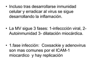 • Incluso tras desarrollarse inmunidad
celular y erradicar al virus se sigue
desarrollando la inflamación.
• La MV sigue 3 fases: 1-infeccción viral, 2-
Autoinmunidad 3- dilatación miocárdica.
• 1.fase infección: Coxsackie y adenovirus
son mas comunes por el ICAM-1
miocardico y hay replicación
 