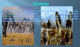 El Mioceno es una de las partes en que se divide la era Cenozoica. Abarca desde el final
del Oligoceno (hace aproximadamente 23 millones de años) hasta principios
del Plioceno (hace aproximadamente 5,3 millones de años). Como es habitual, los límites
estratigráficos que definen el principio y final del periodo están bien determinados, aunque
su datación presenta cierto grado de incertidumbre.
 
