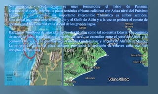 Norteamérica y Sudamérica se unen formándose el Istmo de Panamá.
Durante el Mioceno inferior, la placa tectónica africana colisionó con Asia a nivel del Próximo
Oriente, y ello permitió un importante intercambio faunístico en ambos sentidos.
Una dorsal incipiente abre el mar Rojo y el Golfo de Adén y a la vez se produce el conato de
apertura de África oriental en la dorsal de los grandes lagos.
Hace unos 7 millones de años el estrecho de Gibraltar como tal no existía todavía. Un conjunto
de arcos de islas, bordeadas por arrecifes de coral, se extendían entre el norte de África y la
península Ibérica, en lo que hoy es el valle del Guadalquivir y la costa de Alicante y Murcia.
La progresiva deriva de placa africana provocaba la aparición de relieves cada vez más
abruptos en esta zona.
 