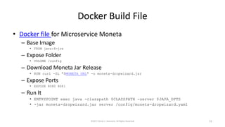 Docker Build File
• Docker file for Microservice Moneta
– Base Image
• FROM java:8-jre
– Expose Folder
• VOLUME /config
– Download Moneta Jar Release
• RUN curl -SL "$MONETA_URL" -o moneta-dropwizard.jar
– Expose Ports
• EXPOSE 8080 8081
– Run It
• ENTRYPOINT exec java -classpath $CLASSPATH -server $JAVA_OPTS
• -jar moneta-dropwizard.jar server /config/moneta-dropwizard.yaml
©2017 Derek C. Ashmore, All Rights Reserved 12
 