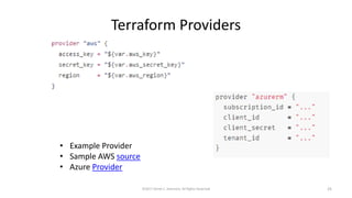 Terraform Providers
• Example Provider
• Sample AWS source
• Azure Provider
©2017 Derek C. Ashmore, All Rights Reserved 25
 