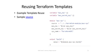 Reusing Terraform Templates
• Example Template Reuse
• Sample source
©2017 Derek C. Ashmore, All Rights Reserved 27
 