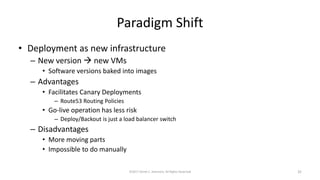 Paradigm Shift
• Deployment as new infrastructure
– New version  new VMs
• Software versions baked into images
– Advantages
• Facilitates Canary Deployments
– Route53 Routing Policies
• Go-live operation has less risk
– Deploy/Backout is just a load balancer switch
– Disadvantages
• More moving parts
• Impossible to do manually
©2017 Derek C. Ashmore, All Rights Reserved 32
 