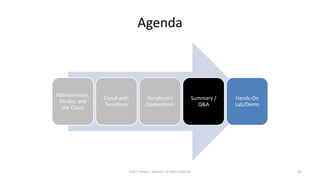 Agenda
Microservices,
Docker, and
the Cloud
Cloud with
Terraform
Terraform’s
Competitors
Summary /
Q&A
Hands-On
Lab/Demo
©2017 Derek C. Ashmore, All Rights Reserved 35
 