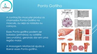 Ponto Gatilho
A contração muscular produz os
chamados Ponto-Gatilho no
músculo, ou seja os nódulos ou
caroços.
Esses Ponto-gatilho podem ser
isolados (primários) ou satélite
(secundário), gerando dor em uma
região maior.
A Massagem Miofascial ajuda a
liberar esses Ponto-gatilho.
 