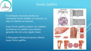 Ponto Gatilho
A contração muscular produz os
chamados Ponto-Gatilho no músculo, ou
seja os nódulos ou caroços.
Esses Ponto-gatilho podem ser isolados
(primários) ou satélite (secundário),
gerando dor em uma região maior.
A Massagem Miofascial ajuda a liberar
esses Ponto-gatilho.
 