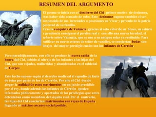 RESUMEN DEL ARGUMENTO
El poema se inicia con el destierro del Cid, primer motivo de deshonra,
tras haber sido acusado de robo. Este deshonor supone también el ser
desposeído de sus heredades o posesiones en Vivar y privado de la patria
potestad de su familia.
Tras la conquista de Valencia, gracias al solo valor de su brazo, su astucia
y prudencia consiguen el perdón real y con ello una nueva heredad, el
señorío sobre Valencia, que se une a su antiguo solar ya restituido. Para
ratificar su nuevo estatus de señor de vasallos, se conciertan bodas con
linajes del mayor prestigio cuales son los infantes de Carrión.
Pero paradójicamente, con ello se produce la nueva caída de la
honra del Cid, debido al ultraje de los infantes a las hijas del
Cid, que son vejadas, malheridas y abandonadas en el robledal
de Corpes.
Este hecho supone según el derecho medieval el repudio de facto
de éstas por parte de los de Carrión. Por ello el Cid decide
alegar la nulidad de estos matrimonios en un juicio presidido
por el rey, donde además los infantes de Carrión queden
infamados públicamente y apartados de los privilegios que antes
detentaban como miembros del séquito real. Por el contrario,
las hijas del Cid conciertan matrimonios con reyes de España,
llegando al máximo ascenso social posible.

 
