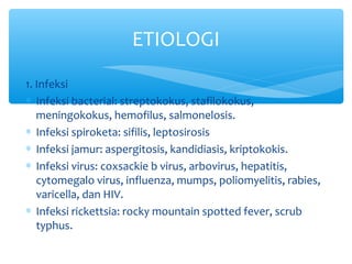 1. Infeksi
∗ Infeksi bacterial: streptokokus, stafilokokus,
meningokokus, hemofilus, salmonelosis.
∗ Infeksi spiroketa: sifilis, leptosirosis
∗ Infeksi jamur: aspergitosis, kandidiasis, kriptokokis.
∗ Infeksi virus: coxsackie b virus, arbovirus, hepatitis,
cytomegalo virus, influenza, mumps, poliomyelitis, rabies,
varicella, dan HIV.
∗ Infeksi rickettsia: rocky mountain spotted fever, scrub
typhus.
ETIOLOGI
 