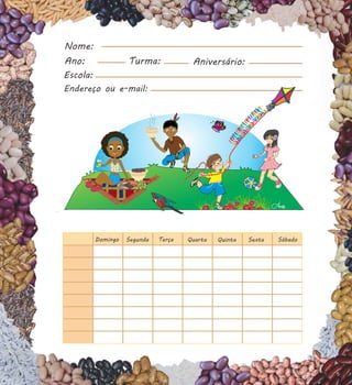 Caderno escolar com temas e ilustrações sobre arroz e feijão para a Embrapa