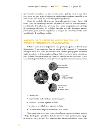 70
comunicação & educação • Ano XVIII • número 1 • jan/jun 2013
que encontre assimilação de um conceito com a prática vivida e um relato
emergente no qual sejam combinados conhecimentos prévios, assimilação do
novo relato, para fazer um relato emergente significativo.
Como foi possível evidenciar nos parágrafos anteriores, tais relações triá-
dicas, tanto na metodologia quanto na perspectiva teórica, nos ofereceram a
possibilidade de estabelecer a proposta para colocar em prática uma estratégia
de ensino-aprendizagem, do trabalhar fazendo, aprender fazendo e ensinar
produzindo, para conferir significado à relação do concebido/vivido como
possibilidade de qualificar o olhar.
VIVENDO OS CENÁRIOS DE APRENDIZAGEM: UM
ENFOQUE PEDAGÓGICO-COMUNICATIVO
Sobre as bases do esboço proposto pela graduação, partiu-se de dois ques-
tionamentos: O que queremos fixar na memória dos estudantes? Como vamos
conseguir isso? Para tanto, seriam utilizados recursos pedagógicos da compa-
ração, associação e da ilustração analógica. Tais recursos teriam a intenção de
fazer descer o discurso abstrato para torná-lo comunicável aos estudantes e, para
isso, era indispensável afinar nossas próprias competências comunicativas, como:
• escuta ativa;
• simplicidade na formulação das mensagens;
• estrutura clara nos aspectos verbais;
• precisão e brevidade nos aspectos verbais;
• coerência entre expressões verbais e não verbais.
Tudo isso sempre conectado à interculturalidade como conceito que tem sido
o lugar de chegada e partida de distintos atores docentes que formam a equipe
de trabalho da graduação de Etnoeducação e Desenvolvimento Comunitário.
 